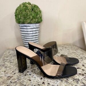 BCBGeneration Georgie Black Smoky Clear Strap Block Heel Slide Sandals 10M